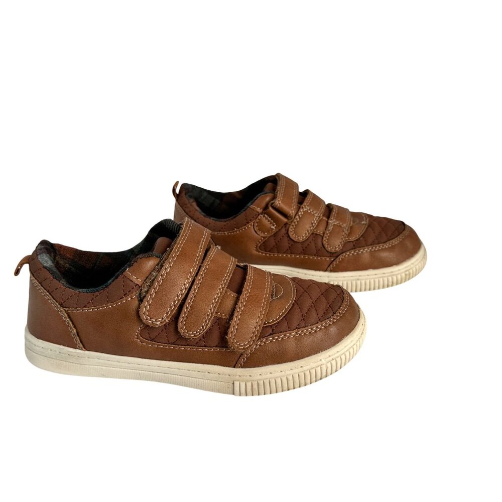 OshKosh BGosh Kids Brown Leather Quilted Sneakers Hook Loops Straps Size1 Plaid